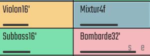 Organ stop names displayed in a grid, including Violon16, Mixtur4f, Subbass16, and Bombarde32, demonstrating the COMBINE tab for designing organ registrations.