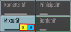 Organ registration interface showing Mixture, Kornett, Principal, and Bordun stops, with 'Mixtur 5f' highlighted and small S and E buttons.