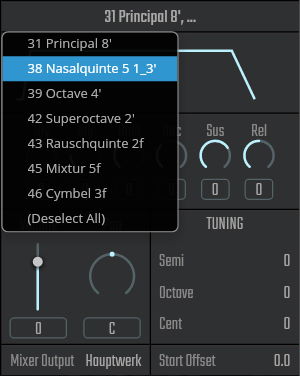 Digital organ stop list displaying Werks, stop names like Nasalquinte, Principal, Octave, and tuning controls on a dark interface, for designing musical registrations.