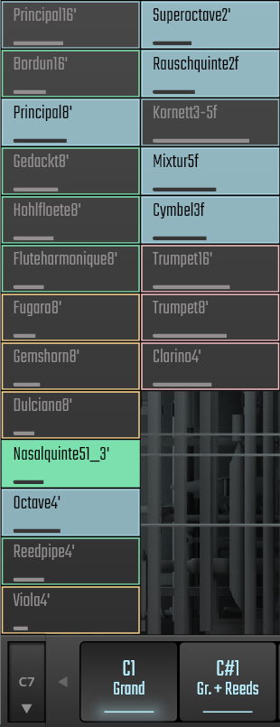 Digital organ interface displaying the COMBINE tab with Werks and stop lists for registration design, including Principal, Bordun, Gedackt, Hohlfloete, Fluteharmonique, Fugara, Gemshorn, Dulciana, Nasalquinte, Octave, Reedpipe, Viola, Superoctave, Rauschquinte, Kornett, Mixtur, Cymbel, Trumpet, and Clarino stops.