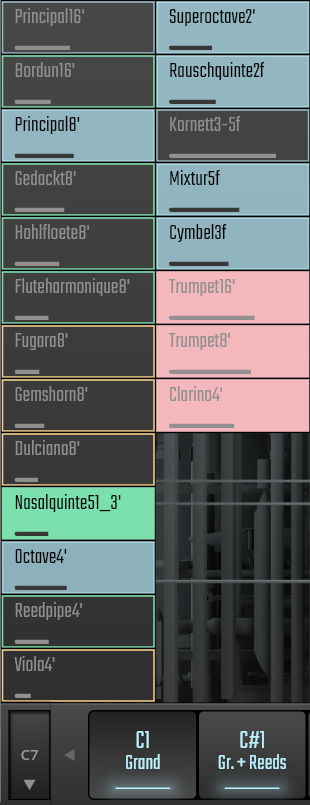 A digital organ interface displaying a list of selectable stops like Principal16, Bordun16, and Trumpet16, with some highlighted in green, blue, and red for active registration. Below the stops, there are buttons labeled C7, C1 Grand, and C#1 Gr. + Reeds, illustrating organ registration design.