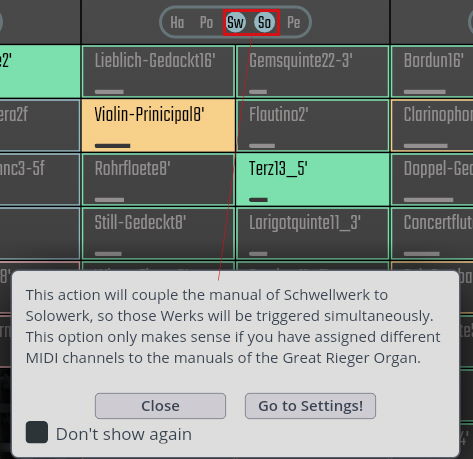 Software interface showing Werks and stops for organ registration, specifically the COMBINE tab with Sw and So selected, and a pop-up explanation for coupling the Schwellwerk and Solowerk manuals.