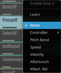 Screenshot showing a dropdown menu open over an organ stop list, with Principal 8' highlighted and the None option checked in the dropdown, demonstrating organ registration design within the COMBINE tab.