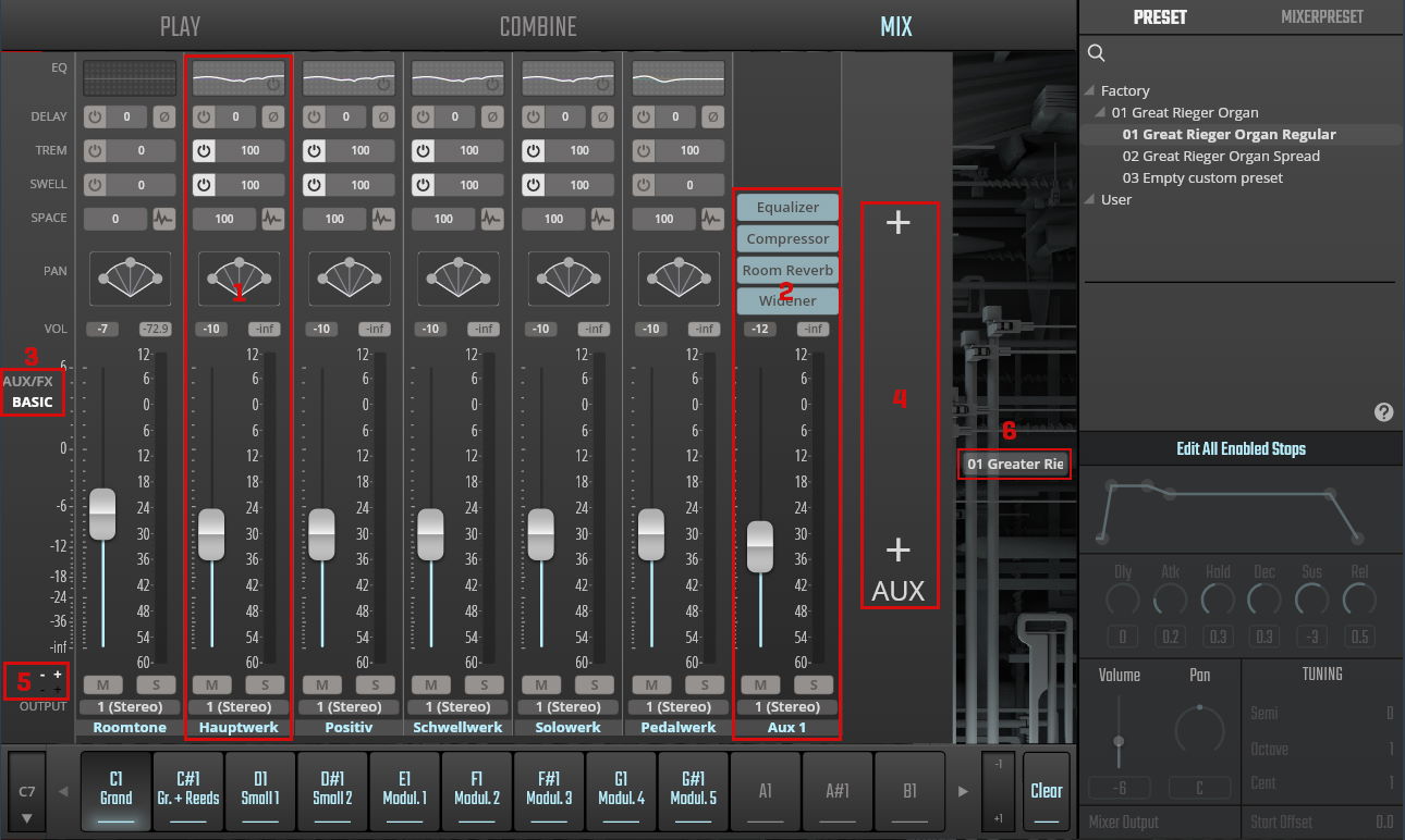 Digital audio mixer interface for Vienna Organ Player showing routing, volume faders, auxiliary sends, equalizer, compressor, reverb, and widener effects, with preset selection for organ sounds.