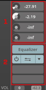 Vienna Organ Player MIX tab, showing audio routing controls with volume dials, numerical displays, and an equalizer button.