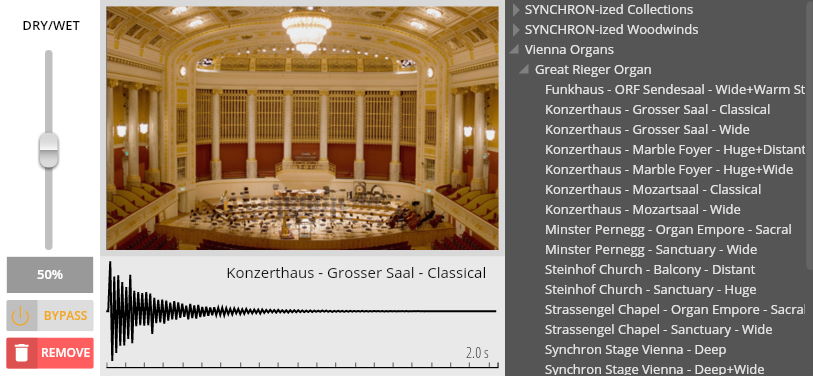 Screenshot of the Vienna Organ Player's MIX tab, showing audio routing options including a dry/wet slider, waveform display for Konzerthaus Grosser Saal Classical setting, and a list of available reverbs from various venues like churches and concert halls.