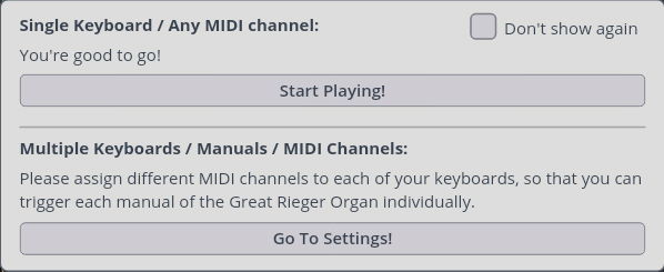 Vienna Organ Player software interface showing options for single or multiple keyboard MIDI channel setup.
