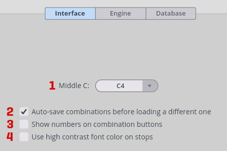 Software settings window displaying the Interface tab with options for Middle C selection (C4 currently), auto-save combinations, show numbers on combination buttons, and use high contrast font color on stops.
