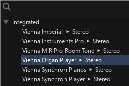 Software menu showing Vienna Organ Player highlighted, illustrating installed programs and audio plug-in options.