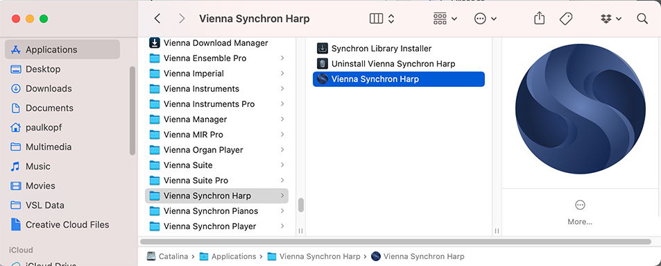 macOS Finder window showing Vienna Synchron Harp software application installed in the Applications folder with its blue circular icon displayed.