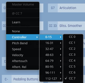 Screenshot of the Synchron Harp GUI display showing the master volume menu with controller settings for MIDI CC assignments, including options like Pitch Bend, Speed, and Aftertouch, with CC 7 selected for volume control.
