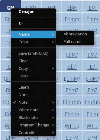 Synchron Harp GUI showing the right-click context menu with options like C major, C~, Name, Color, Save, Clear, Copy, Paste, Learn, None, Note, White note, Black note, Program Change, and Controller. The Name submenu is open, displaying Abbreviation and Full name options. The background reveals a grid with various musical note and chord notations such as CM, C#M, DM, EbM, EM, Ebmm, Emm, EbM7, EM7, Eb7, E7, EbmM7, EmM7, Ebm7, Em7, Ebm7b5, Em7b5, Ebdim, Edim, WT-Eb, WT-E, EbPM, EPM.