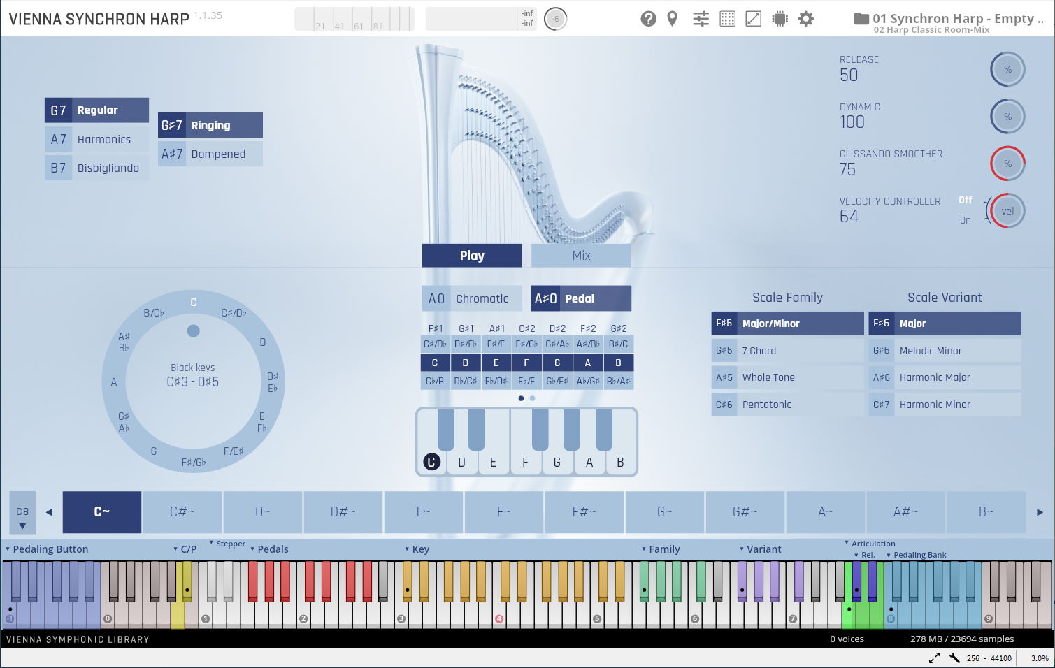 Vienna Synchron Harp software interface, showing an intricate virtual harp, diverse sound articulation settings, and accessible controls for musical scales and dynamics.