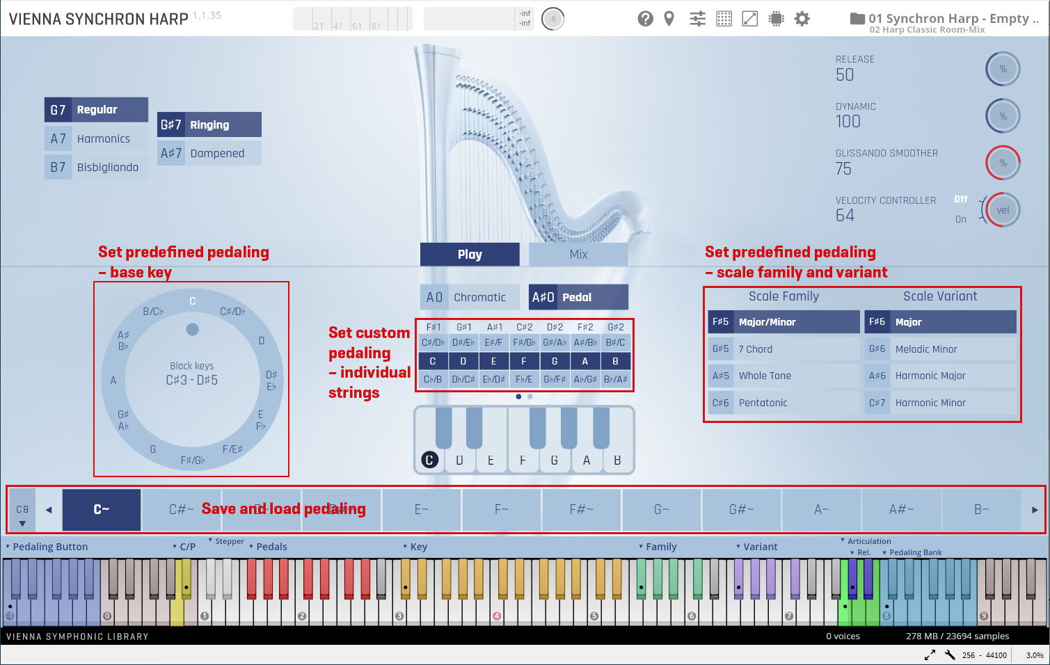 Vienna Synchron Harp GUI displaying controls for predefined pedaling based on key, scale family, and variant, custom pedaling for individual strings, and save/load functions for pedaling settings.