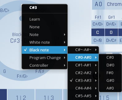 Synchron Harp GUI showing dropdown menus for note selection, specifically highlighting C#3-A#3, with options like black note and white note.
