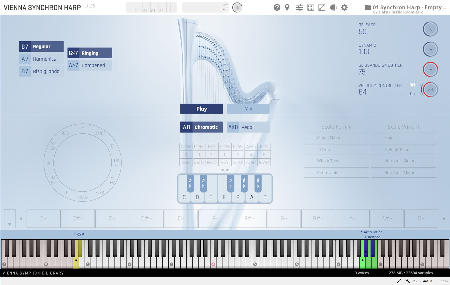 Vienna Synchron Harp software GUI, displaying sound options for Regular, Ringing, Harmonics, Dampened, and Bisbigliando, along with controls for Release, Dynamic, Glissando Smoother, and Velocity. The interactive interface also highlights a virtual piano keyboard and pedal harp diagram.