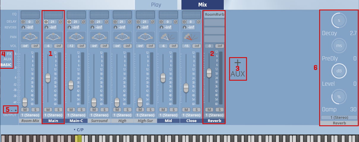 Synchron Harp GUI showing the mix console with faders, effects, and reverb settings.