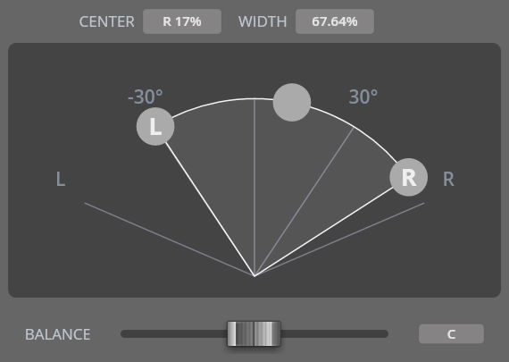 Synchron Harp GUI with pan and width controls displaying L/R soundfield, center R 17%, width 67.64% and balance slider.