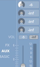 Synchron Harp GUI showing volume, effects, and auxiliary controls with numerical settings.