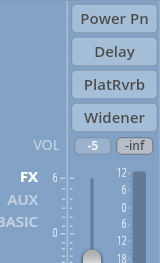 Synchron Harp GUI audio effects panel showing Power Pn, Delay, PlatRvrb, Widener, Volume controls, FX, AUX, and BASIC settings.