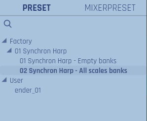 Synchron Harp GUI preset selection with 02 Synchron Harp - All scales banks highlighted.