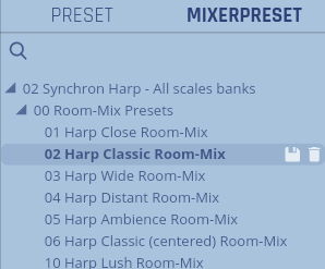 Synchron Harp software interface displaying preset options for various harp room mixes like Classic, Wide, and Distant.