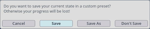 Dialog box from the Synchron Harp GUI asking to save the current state as a custom preset, with options to Cancel, Save, Save As, or Don't Save.