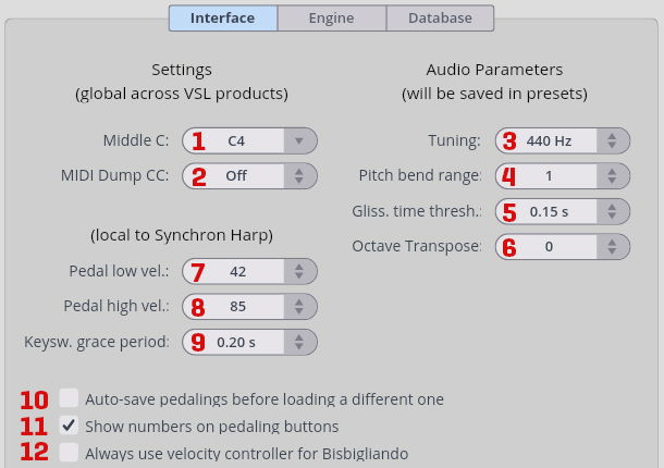 Interface settings panel with Middle C, MIDI Dump CC, pedal velocity, tuning, pitch bend, glissando time, octave transpose, and various checkbox options.