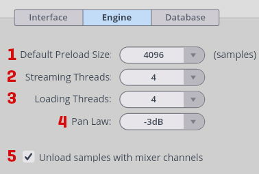 Software settings for engine configuration, showing default preload size, streaming threads, loading threads, pan law, and an option to unload samples with mixer channels.