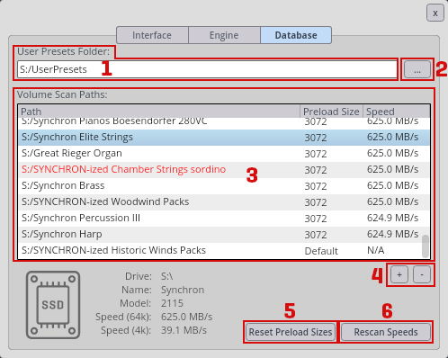 Software settings database tab showing user presets folder, volume scan paths, and drive performance details.