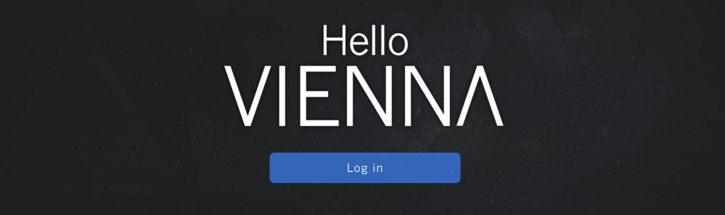 Login page with Hello Vienna text and a blue Log in button, indicating access to downloads.