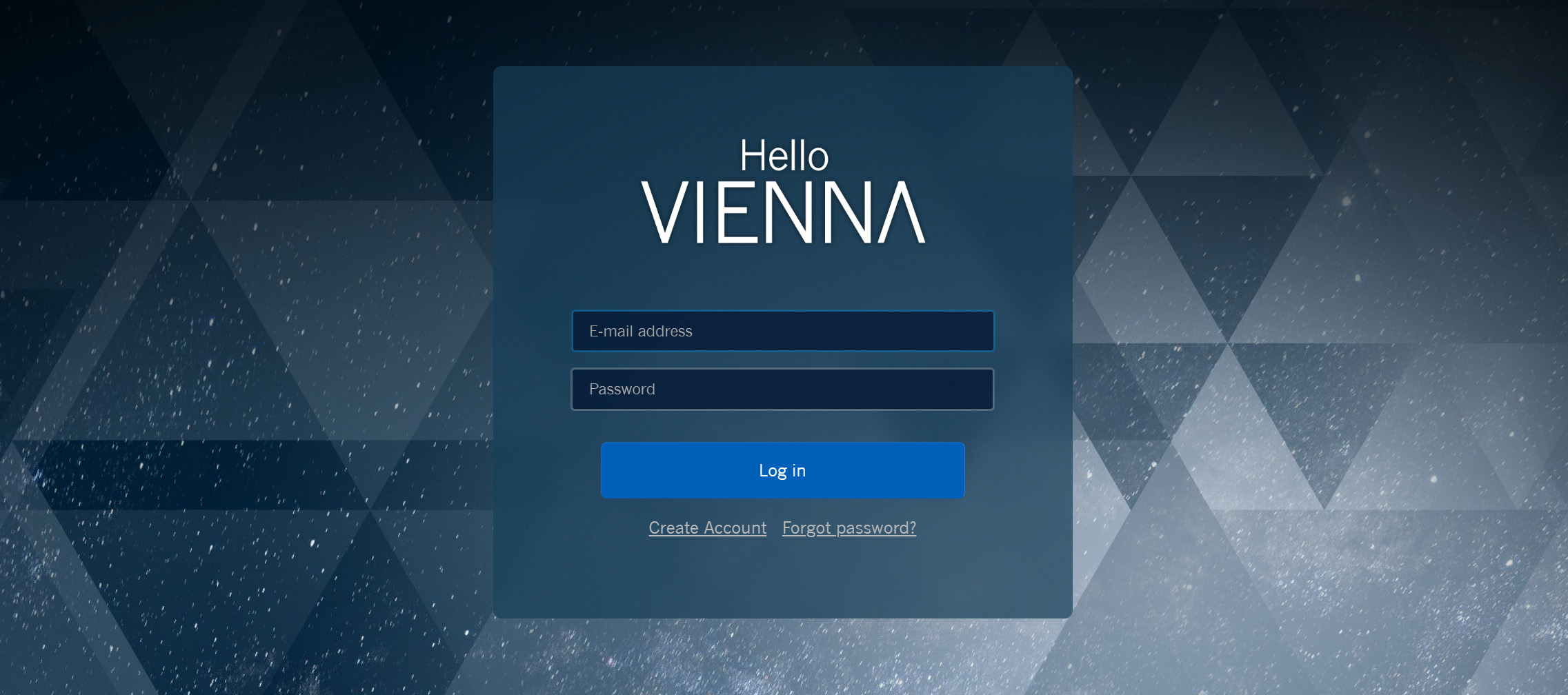 Login page for the Vienna application with fields for email address and password, a Log in button, and links to Create Account and Forgot password.