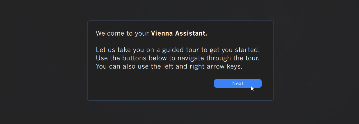Vienna Assistant welcome screen during installation, asking the user to start a guided tour with a blue Next button
