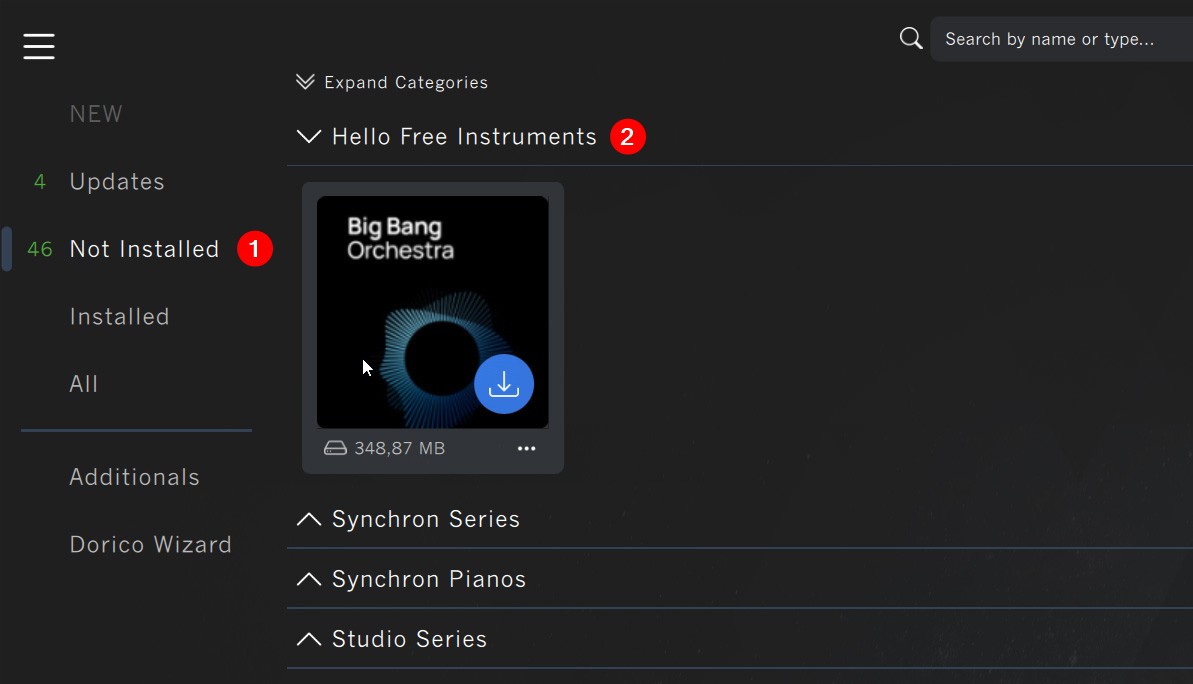 Vienna Assistant software interface showing 46 Not Installed items, Hello Free Instruments category, and a Big Bang Orchestra download option with a download button and file size.
