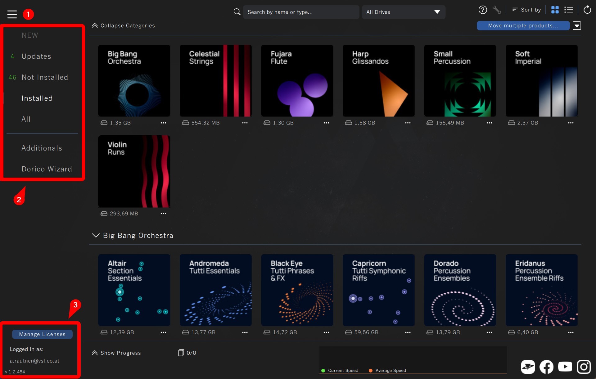 Vienna Assistant main view showing product categories like Updates and Not Installed, along with VST instrument tiles like Big Bang Orchestra and Fujara Flute, and a Manage Licenses button.