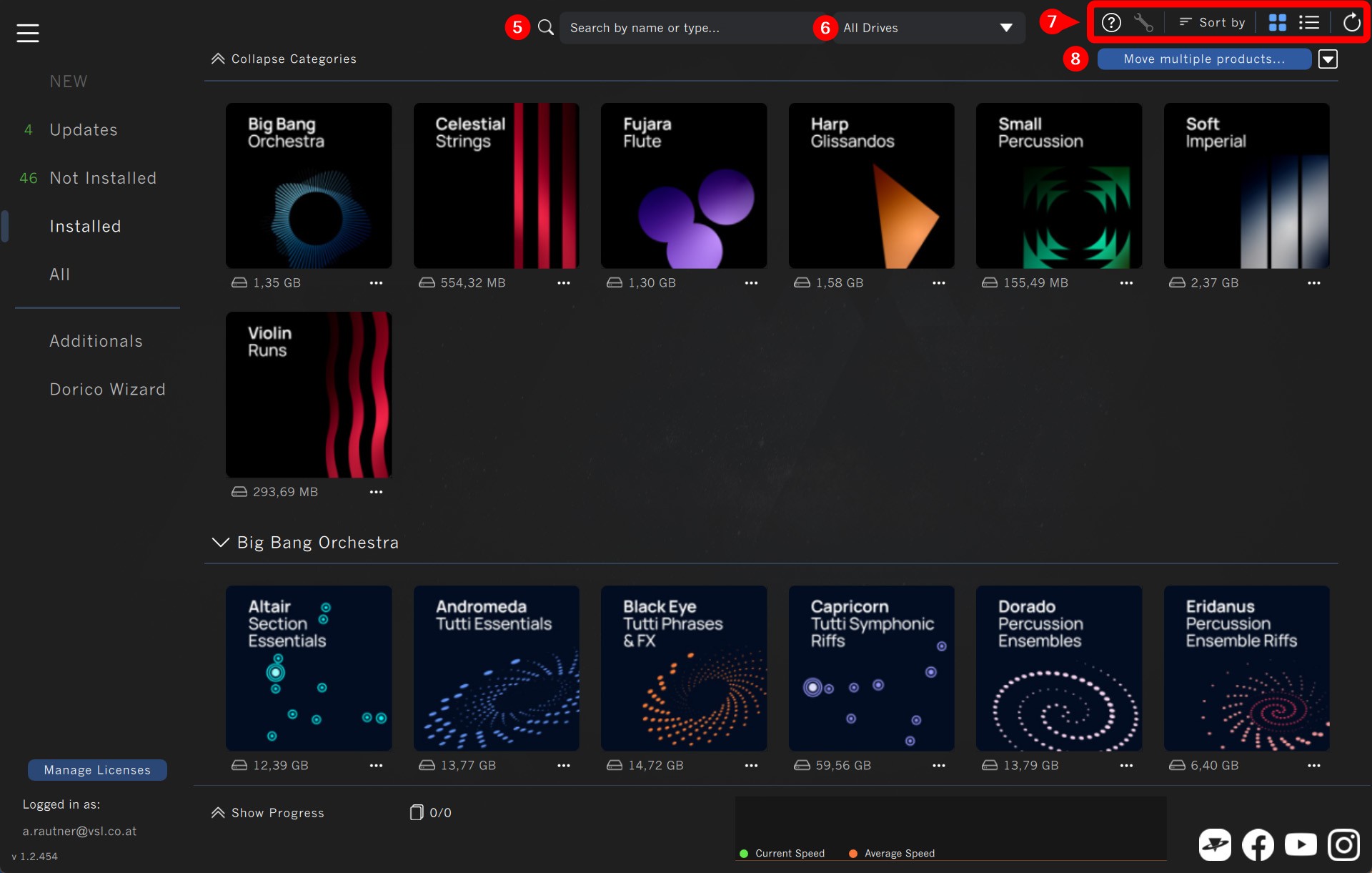 Vienna Assistant software interface with various music software products, categories like Updates, Installed, All, and search, sort, and manage product options for efficient library management.