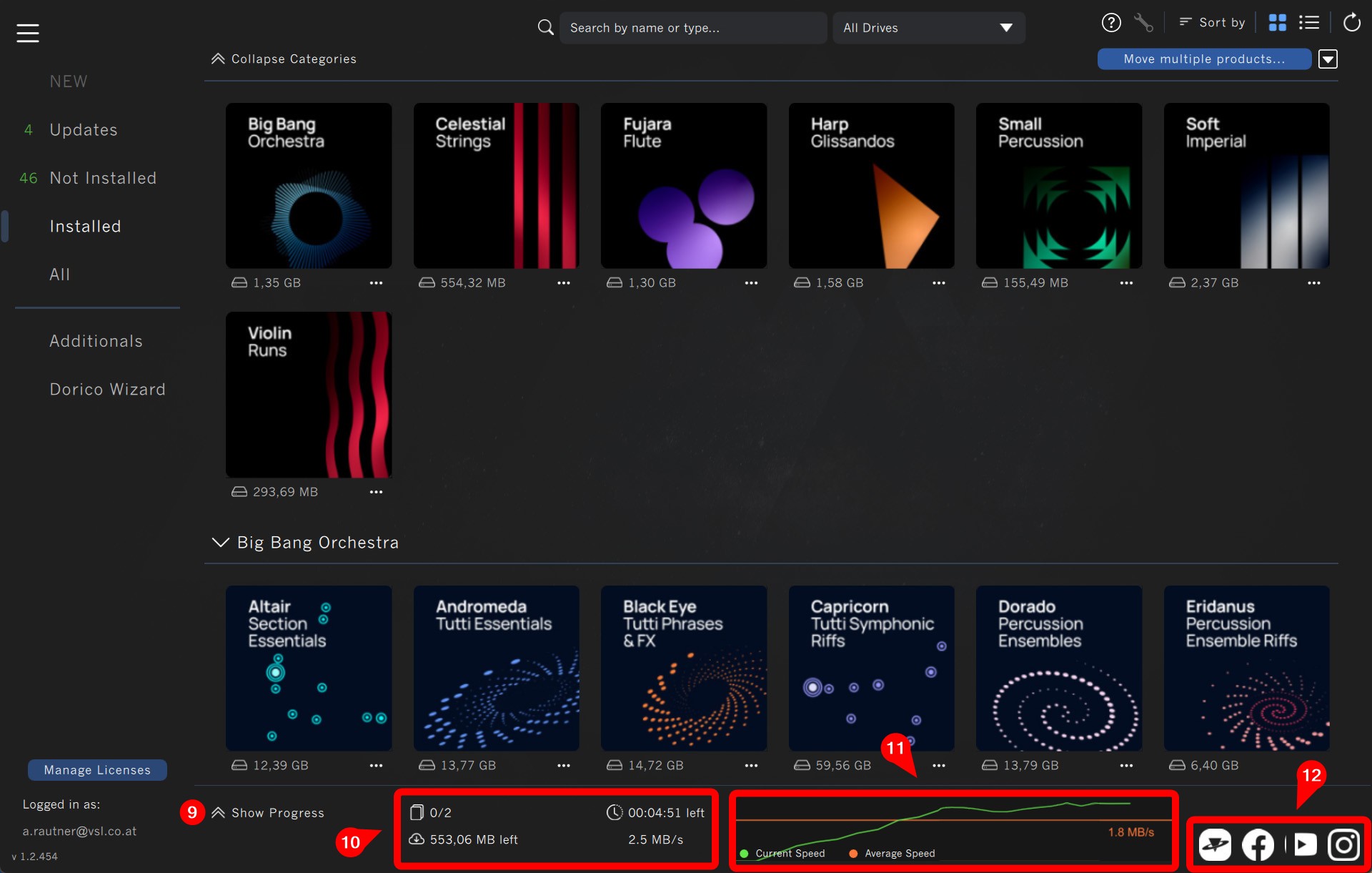 Vienna Assistant application main view showcasing available virtual instrument products with installation progress and social media links.
