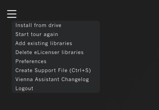 Vienna Assistant application menu showing options like Install from drive, Add existing libraries, Preferences, and Changelog.