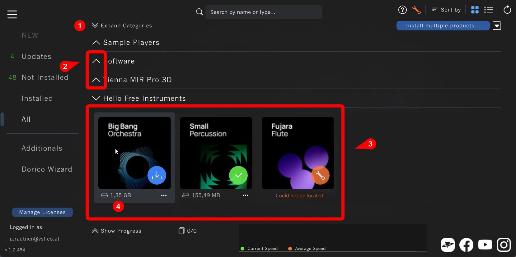 Vienna Instruments software product view showing categories like Sample Players, Software, and Vienna MIR Pro 3D, with specific products like Big Bang Orchestra, Small Percussion, and Fujara Flute available for download, installation, or located status.