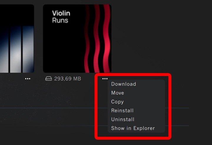 Context menu for Vienna products, featuring options like Download, Move, Copy, Reinstall, Uninstall, and Show in Explorer, displayed next to a Violin Runs product icon with its size of 293.69 MB.
