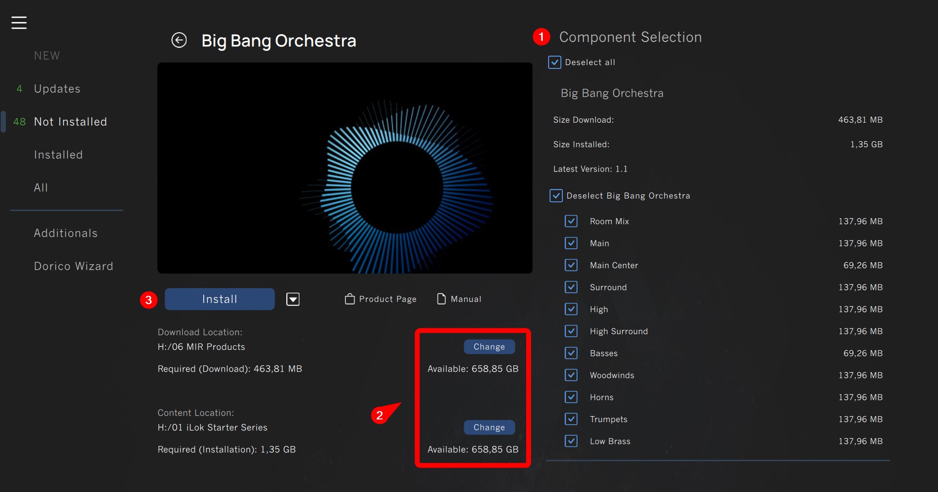 Vienna Assistant software installation screen showing Big Bang Orchestra product selection, component sizes, download/installation locations, and available disk space.