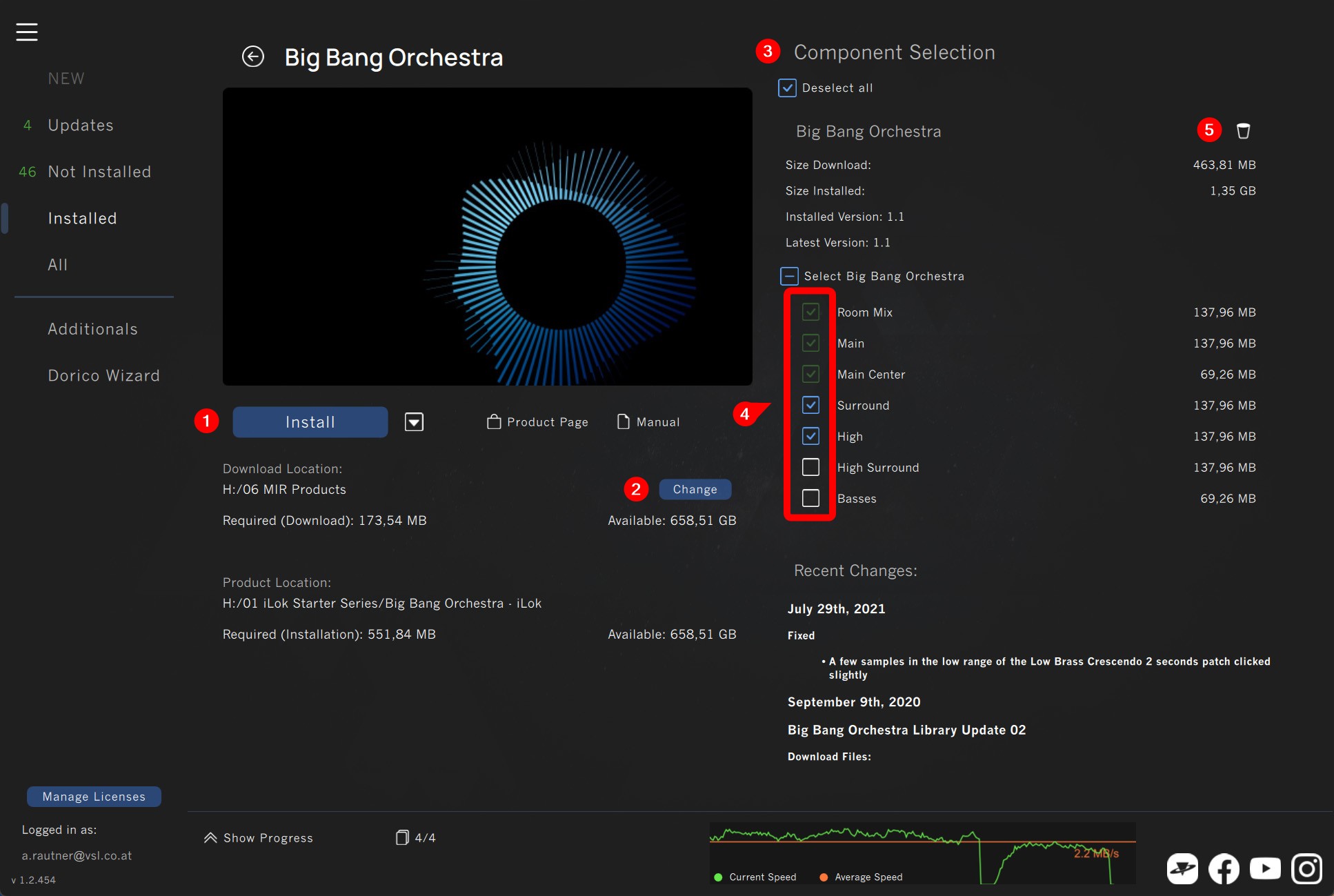 Software product view showing Vienna Big Bang Orchestra installation details with checked components for download and progress bar.