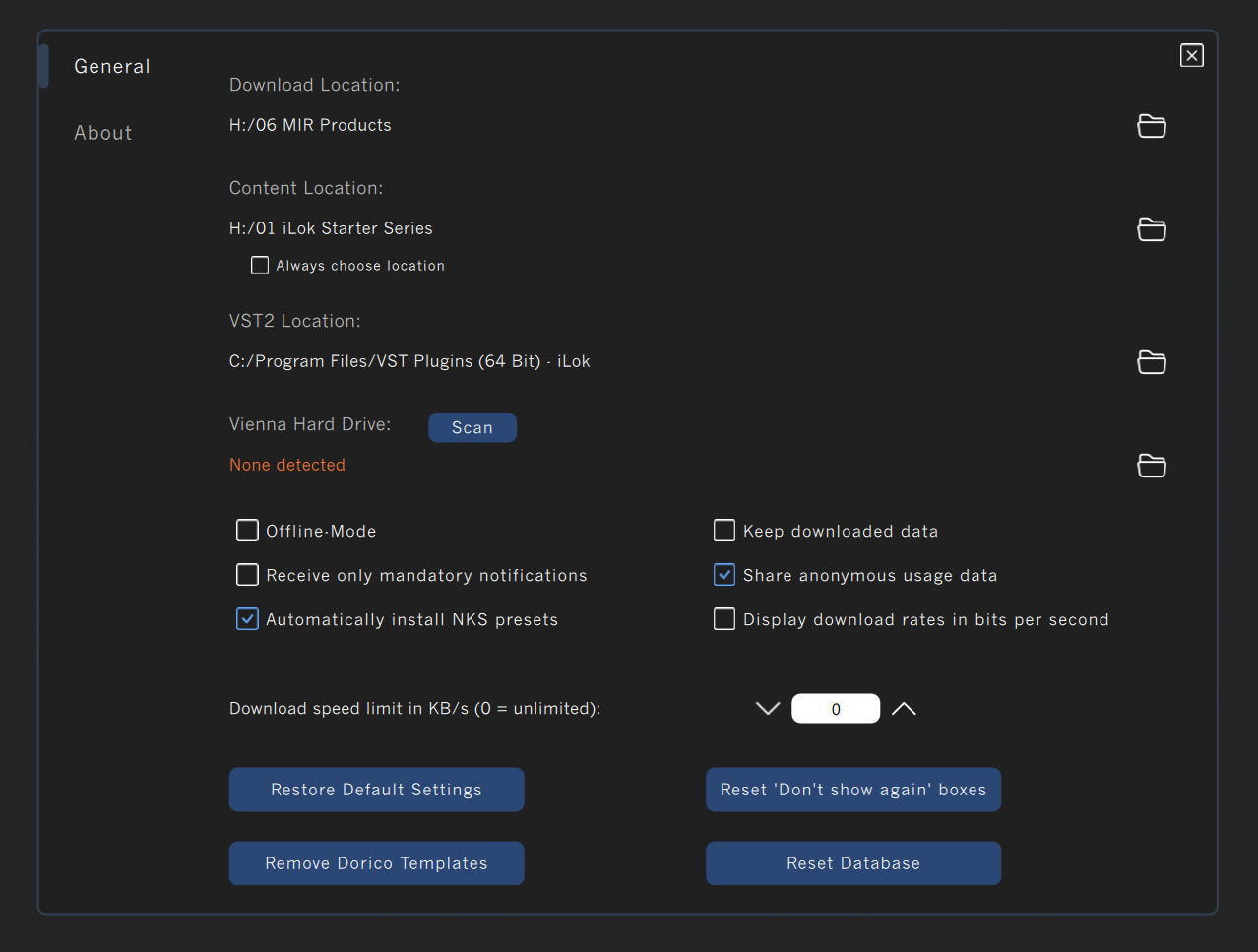 Vienna Assistant software settings interface displaying download locations, VST plugin paths, Vienna Hard Drive scan option, and checkboxes for offline mode, notifications, NKS presets, usage data, and download speed limits.