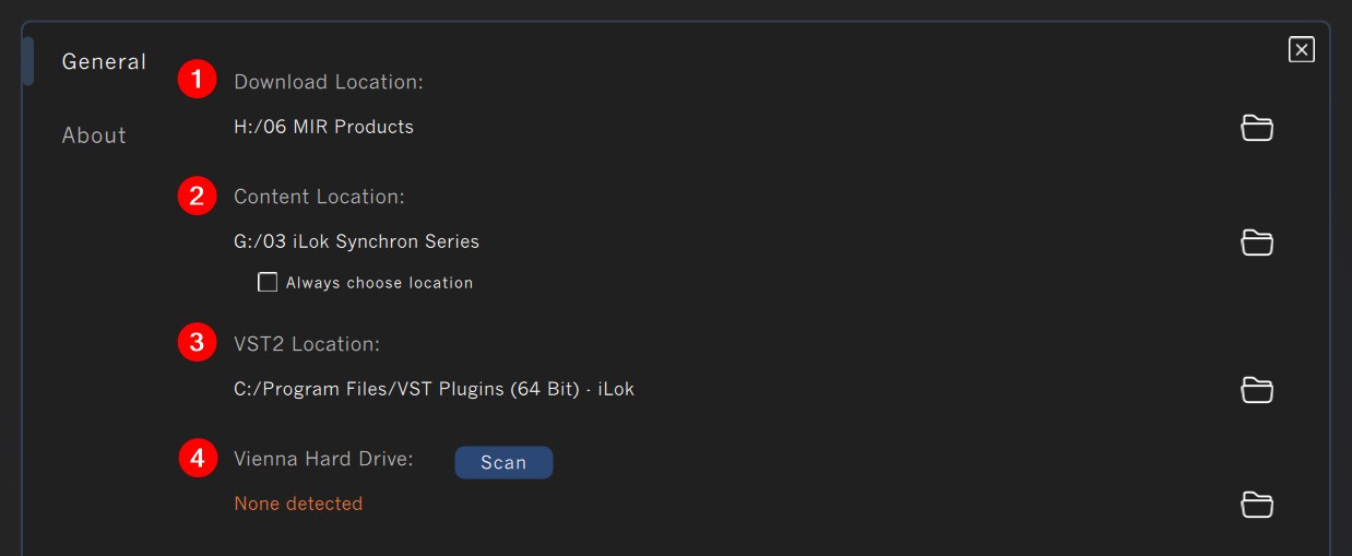 Software settings displaying options for download, content, and VST2 plugin locations, with a Vienna Hard Drive scan feature.