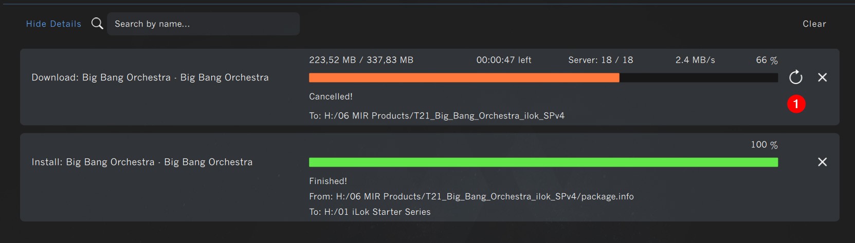Software download and installation progress screen showing a cancelled download for Big Bang Orchestra and a completed installation of Big Bang Orchestra.