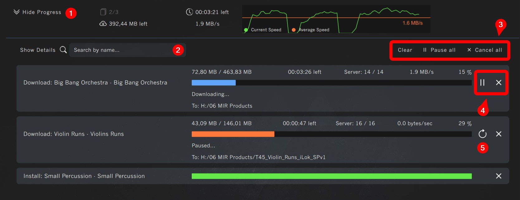 Vienna Assistant main view showing download progress for multiple software titles with options to clear, pause, or cancel all downloads.