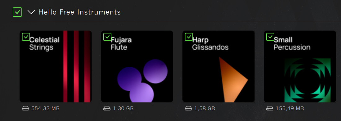 Vienna Assistant app showing installation options for free instruments like Celestial Strings, Fujara Flute, Harp Glissandos, and Small Percussion, each with file sizes listed.