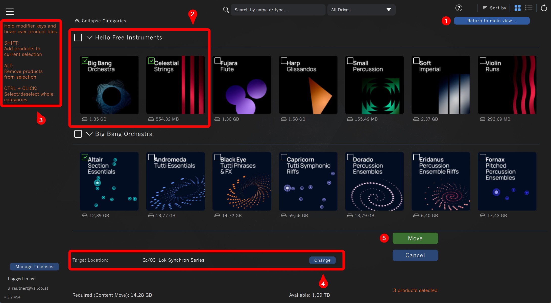 Vienna Assistant software interface showing product categories, free instruments, selected products, and target location for content move.