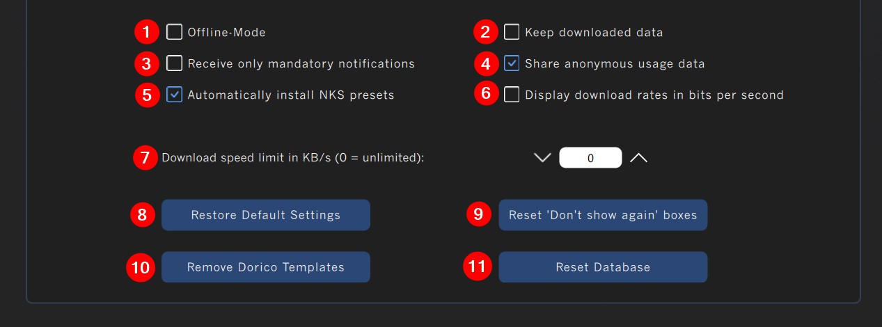 Software settings interface with download and content management options, including checkboxes for offline mode, notifications, NKS preset installation, data sharing, download rate display, and buttons to manage settings and database.