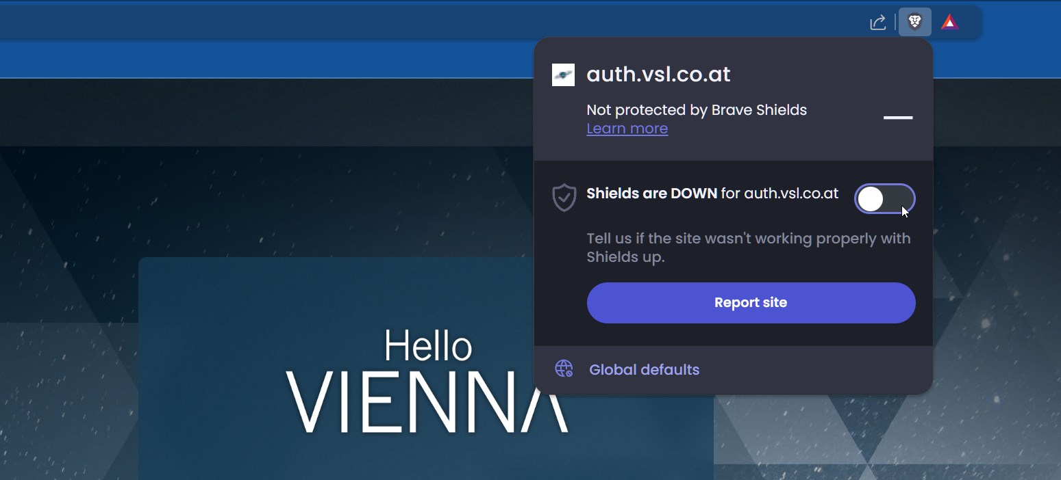 Brave browser security settings pop-up showing shields are down for auth.vsl.co.at, with an active toggle switch and Report site button.